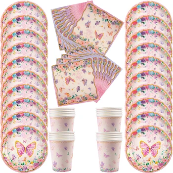 1 комплект посуды для дня рождения с розовой бабочкой, украшения для вечеринки с Днем рождения, принадлежности для дня рождения с бабочкой для девочек, детский душ