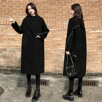 2023 Осень Зима Новый Воротник Поло С длинным рукавом Черное Свободное Элегантное Модное Шерстяное пальто в Корейском стиле для полных Женщин
