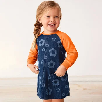 2024 г. Джинсовое платье для маленьких девочек с длинными рукавами на весну и осень, красивая одежда с цветами для детей 2-8 лет