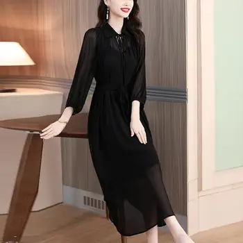2024 Элегантное черное платье для женщин, женские Корейские стильные Шифоновые длинные платья с завышенной талией, женские модные платья в стиле офисной леди