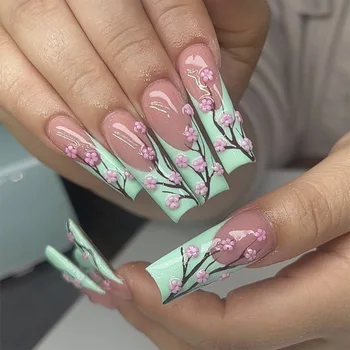 3D летние аксессуары для накладных ногтей, французские длинные зеленые кончики с розовыми цветами, дизайн искусственных накладных ногтей, акриловые накладные ногти, поставка