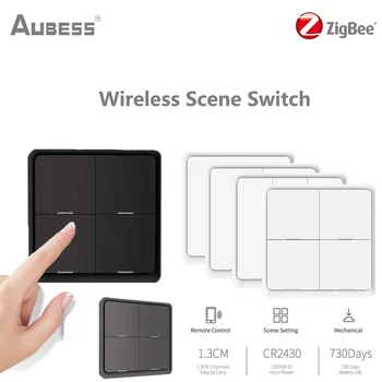 Aubess Zigbee Scene Switch 1-4 Gang 12 Scene Smart Switch С питанием от батареи через приложение Tuya Беспроводной пульт дистанционного Управления Smart Home Switch