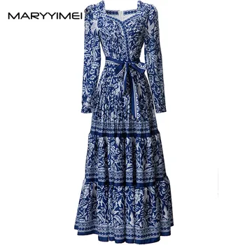 MARYYIMEI 2023 High Street Runway Модное дизайнерское платье с квадратным воротником и длинными рукавами, Изысканное Элегантное платье с цветочным принтом