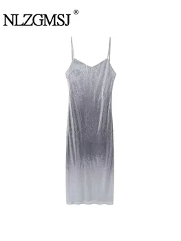 Nlzgmsj TRAF, платье-комбинация с градиентом и блестками, женское облегающее длинное платье, женские сексуальные вечерние платья с открытой спиной для женщин 2024, платье миди