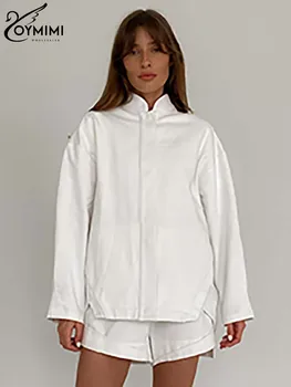 Oymimi Повседневные Новые Белые Простые женские комплекты из 2 предметов, элегантные рубашки с длинными рукавами и однотонные шорты с воротником-стойкой, комплекты уличной одежды
