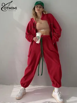 Oymimi Повседневный красный вязаный женский комплект из двух предметов, элегантные рубашки с длинными рукавами, карманами на молнии и брюками на завязках длиной до щиколоток, комплекты