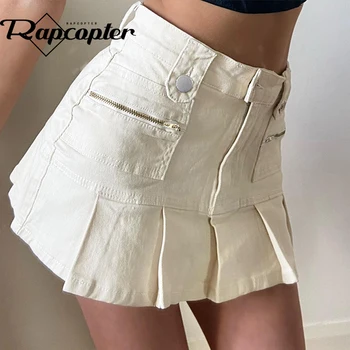 Rapcopter y2k Белые джинсовые юбки на молнии с низкой талией, Винтажные Эстетичные Плиссированные юбки Harajuku, Базовые Повседневные наряды, Корейский шик