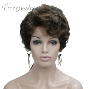 StrongBeauty Короткие черно-коричневые смешанные светлые парики с мелированием, женские синтетические вьющиеся парики