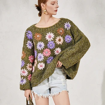 TEELYNN свитер оверсайз в стиле бохо, пуловер ручной работы, свитер с цветочной вышивкой, зимний женский свитер с длинным рукавом, теплые свободные свитера