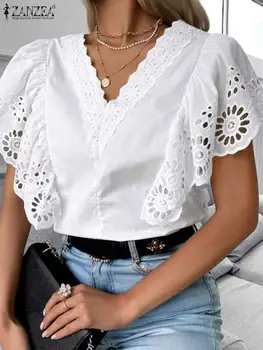 ZANZEA Летняя Женская блузка с оборками, кружевная рубашка с V-образным вырезом, вязаная крючком, Туника оверсайз, топы, повседневные повседневные блузки, Женская сорочка