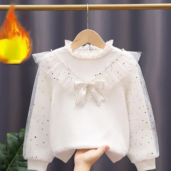 Белая рубашка для девочек, весна и осень 2023, новый кружевной топ из чистого хлопка с длинными рукавами и пузырчатым рукавом для детей, плюшевый свитер