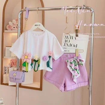 В розницу в 2023 году Новые летние модные комплекты для маленьких девочек, топ с цветочным рисунком + фиолетовые шорты 3-8 Т