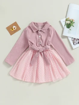 Весенне-осеннее платье с цветочным принтом и рукавами-рюшами для маленьких девочек и поясом-бантом