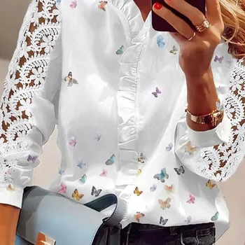 Весна-лето 2024, новая женская однобортная рубашка с принтом в стиле пэчворк с пышными рукавами