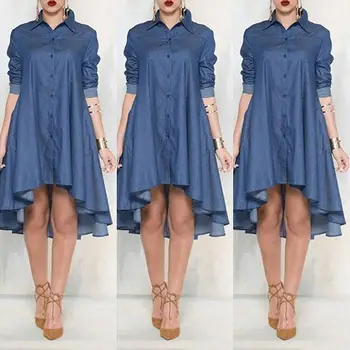 Винтажное повседневное Женское Свободное джинсовое платье-рубашка с длинным рукавом, Новое джинсовое мини-платье