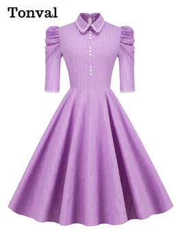 Воротник Tonval Peter-Pan, пуговицы спереди, рукав Gigot, Фиолетовые хлопчатобумажные платья, Женское осеннее винтажное платье-качели, Элегантное платье 2022 г.