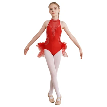 Горячие дети, балетный танцевальный костюм для девочек, прозрачное сетчатое лоскутное трико без рукавов с имитацией шеи, боди из тюля с перьями, боди с юбкой из тюля