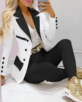 Двубортный пиджак с лацканами и простые брюки, комплект, новая мода 2023, бестселлер женской одежды