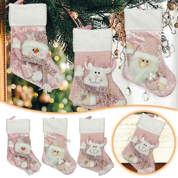 Декоративная подарочная сумка для рождественских носков большой емкости с дизайном Санта-Клауса розового цвета