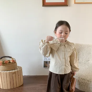 Детская одежда для девочек, рубашка с кукольным воротником в корейском стиле, Новый модный однотонный кардиган для девочек, блузка