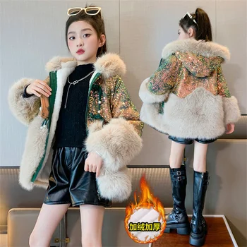 Детская шуба для девочек, детское зимнее пальто с капюшоном с блестками, куртка для девочек-подростков, Толстая теплая хлопчатобумажная верхняя одежда от 3 до 12 лет