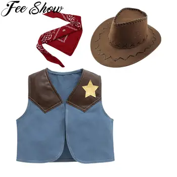Детский костюм ковбоя в стиле вестерн для мальчиков, детский косплей, жилет с банданой, шляпа, комплекты для Хэллоуина, Пурим, вечеринка, фантазия, одевалка