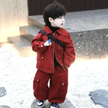 Джинсовая куртка для мальчиков, Джинсовые комплекты из двух предметов, детская одежда 2024, Корейский модный плюшевый кардиган, брюки-карго, Ins, красивые костюмы