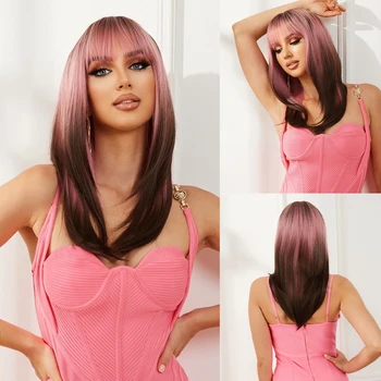 Длинные многослойные прямые синтетические парики для женщин с розово-коричневыми волосами средней длины, парик для косплея с челкой, термостойкий Натуральный
