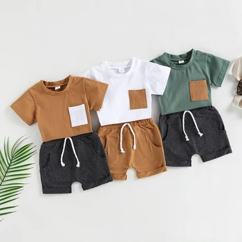 Для мальчиков от 0 до 3 лет Комплекты летней одежды из 2 предметов, топы контрастного цвета с короткими рукавами, однотонные шорты с завязками