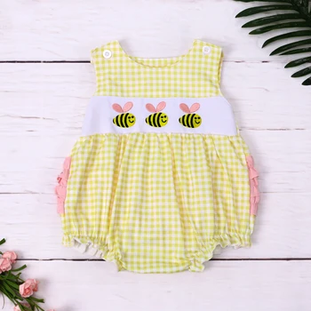 Желтый Популярная одежда для маленьких девочек, комбинезон с вышивкой пчелы, вышивка с парой бантиков, Повседневный стиль, Фиолетовый