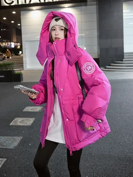 Женская зимняя куртка-пуховик с капюшоном, женская корейская версия, Однотонная свободная толстая теплая пуховая куртка-пуховик
