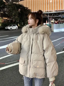 Женская куртка Зима 2023, Женские пальто с капюшоном на молнии, Корейская модная Короткая стеганая куртка с подкладкой, Универсальная однотонная стеганая куртка