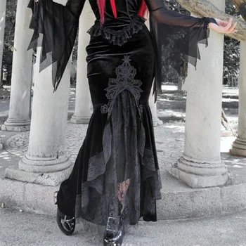 Женская облегающая юбка в готическом стиле с оборками в виде рыбьего хвоста, вышитая кружевная юбка с эластичным поясом CF23670AH