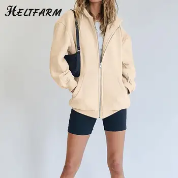 Женская толстовка на молнии с длинным рукавом, осенняя толстовка оверсайз, флисовая куртка, топы с карманами