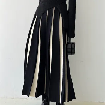 Женская трикотажная юбка средней длины с цветным блоком, осень-зима, простая ретро-юбка трапециевидной формы, плиссированная юбка-зонтик