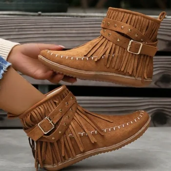 Женские ботинки с кисточками в богемном стиле 2023, ретро-дизайн пряжки ремня из искусственной замши, ботильоны на молнии, большие размеры 43, Повседневные ботинки в западном стиле на плоской подошве