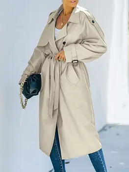 Женские куртки, Двубортный длинный тренч, женское пальто, Классическое ветрозащитное пальто с отворотом, длинным рукавом и поясом, осенняя уличная одежда
