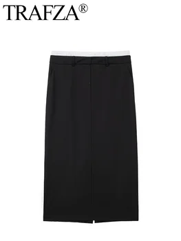 Женские юбки TRAFZA 2024, контрастные офисные женские юбки, длинные юбки-карандаш, женские боксеры, плиссированная юбка миди, Женская черная юбка с высокой талией