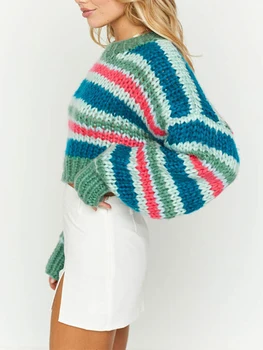 Женский свитер ручной вязки в стиле Гранж, Винтажный, с длинным рукавом и круглым вырезом, свободного кроя, Радужный пуловер в стиле пэчворк, Топы для зимы
