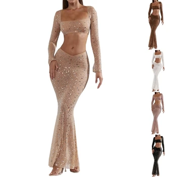 Женское вечернее платье Комплекты юбок из 2 предметов, кроп-топы со стразами с длинным рукавом и квадратным вырезом и облегающие макси-платья в комплекте
