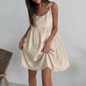 Женское Модное мини-платье без рукавов, Свободное Хлопчатобумажное Льняное подвесное платье, однотонное Модное Простое Пляжное платье на шнуровке
