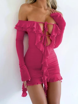 Женское платье с открытым ремешком, наряд для ночного клуба, Falbala, вырез в одно слово, Сексуальное платье с длинным рукавом, облегающая одежда для бедер Y2k