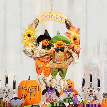 Жуткий венок на Хэллоуин, жуткий декор на Хэллоуин, венок из тыквенной куклы, шляпа ведьмы, гирлянда из кленовых цветов для внутренней / наружной отделки стен