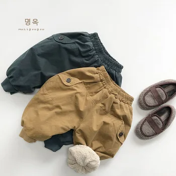 Зимние Корейские Детские брюки для мальчиков, хлопковые флисовые утепленные эластичные брюки для мальчиков, повседневные однотонные брюки для бега трусцой для мальчиков