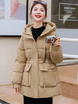 Зимняя куртка Женская 2023, Новинка корейской моды, повседневная теплая хлопковая куртка свободного кроя, женское пальто средней длины с капюшоном.