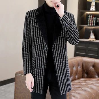 Классические осенне-зимние мужские шерстяные пальто средней длины, повседневное полосатое пальто, верхняя одежда, ветровка, деловые Теплые длинные куртки