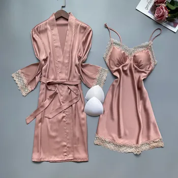 Комплект из шелковой ночной рубашки для женщин, халат, костюм из 2 предметов, весенняя пижама, пижама, сексуальное ночное белье, халат-кимоно для сна, Дворцовый кружевной халат