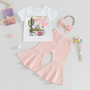 Комплекты летней одежды для маленьких девочек, футболка с круглым вырезом и буквенным принтом, расклешенные брюки, повязка на голову, повседневная одежда