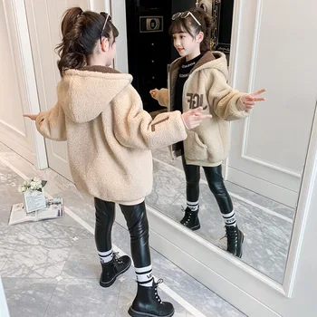 Корейская зимняя детская куртка для девочек плюс бархатная куртка для девочек начальной школы С капюшоном, Ветрозащитные теплые утепленные пальто для девочек младшей школы, зимняя верхняя одежда