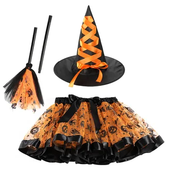 Косплей-костюм ведьмы на Хэллоуин для девочек, тематическая вечеринка, карнавал, одежда для ролевых игр, реквизит, сетчатая юбка-пачка с принтом и шляпа-метла
